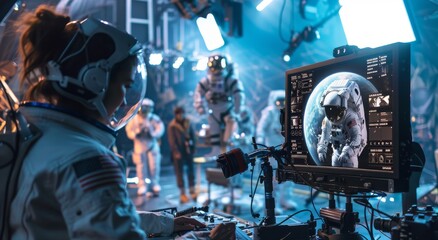 Female director sitting at her desk reviewing footage of astronauts in a space mission