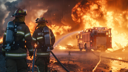 Team of firefighters extinguishing blazing flames