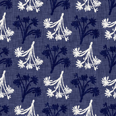 Indigo denim blue leaf motif seamless pattern. Japanese dye batik fabric style effect print background swatch. 