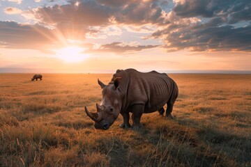 Obraz premium Northern white rhinos grazing at sunset