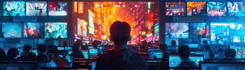 Obraz premium Person in Cyber Cafe Surrounded by Multiple Screens with Neon Cityscape in the Background