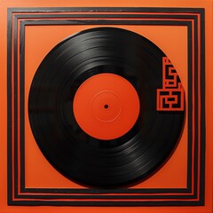 Obraz premium Abstract orange and black artwork with vinyl record design, featuring modern geometric patterns and a bold square border.