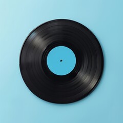 Flat lay of a vintage vinyl record with a blue label on a light blue background, perfect for music and retro-themed designs.