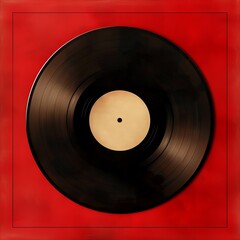 Close-up of a vintage vinyl record on a vibrant red background, showcasing classic music and retro vibes.