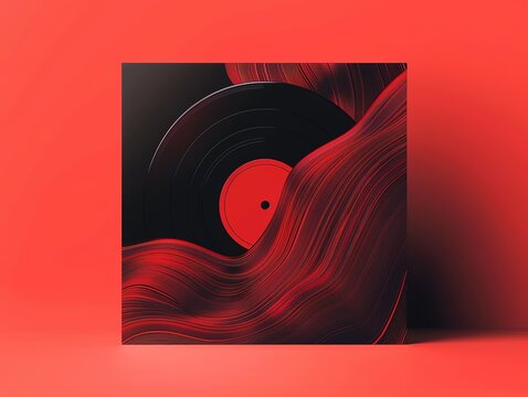 Black vinyl record with red label on abstract red wave backdrop, perfect for music and design projects.