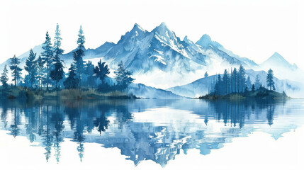 Serene mountain landscape with clear reflections on a tranquil lake, surrounded by evergreen trees and mist.