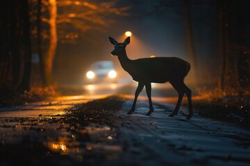 Deer silhouetted against car headlights on a dark road.