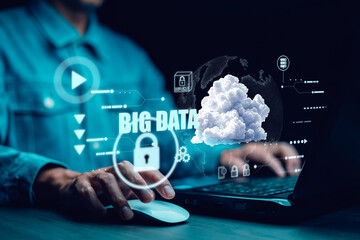 Man touching connect to data information on the Cloud Computing Technology Internet Storage Network Concept And a large database big data Through internet technology, Cloud sharing download and upload