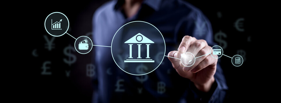 Businessman using online banking and payment online shopping , digital marketing. Financial and banking networking,  and customer network , cyber security.