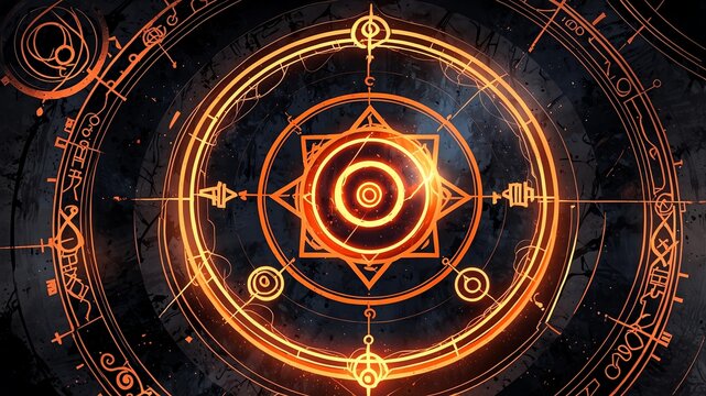 top view of an ancient alchemy magic circle with orange background