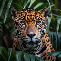 Fototapeta premium Fierce Jaguar Prowling in the Amazon Rainforest Intense Stare and Powerful Presence