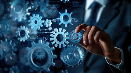 Business concept. Successful business development plan. Businessman touching success and business plan icon with gears on virtual screen. Growth development business. Artificial intelligence tech