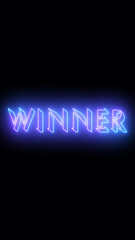 Obraz premium Winner text animation in vertical high resolution. Easy to put into any video. Neon-colored Winner text with a glowing moving outline on a dark background. Technology video material animation.