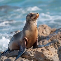 Playful Sea Lion Basking on Rocky Coastal Shore with Crashing Ocean Waves