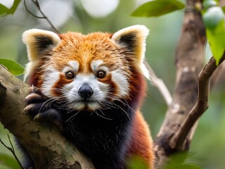 Adorable Red Panda Perched on Tree Branch in Lush Green Forest Habitat with Curious Expression