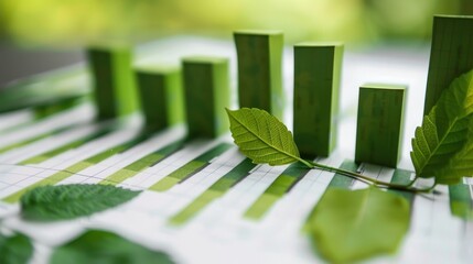 Sustainable Growth Concept with Green Bar Graphs and Leaves on Financial Chart Background