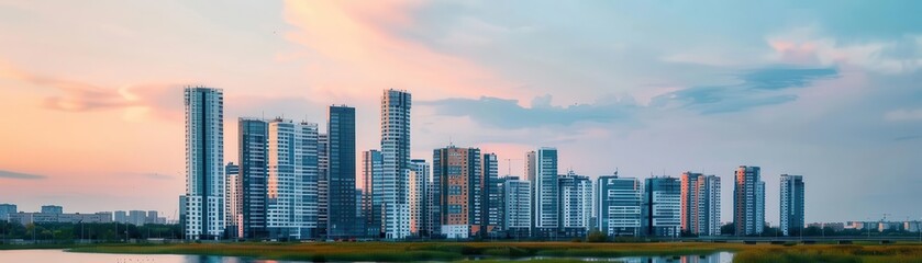 Obraz premium Skyline of eco-friendly skyscrapers seen from a wetland, sustainable economic development in urban design