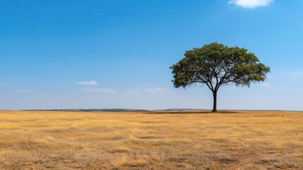 Obraz premium A solitary tree stands in a vast dry field under a bright blue sky, highlighting the contrast between nature and barren land.