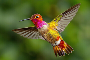Fototapeta premium A colorful hummingbird with iridescent feathers, flying gracefully in the air, in a close-up shot