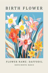 Birth flower Daffodil, March birth month, flower market poster