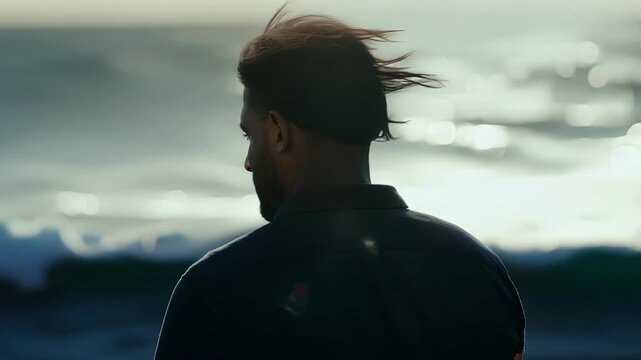 A man of African descent stands tall and resolute as he gazes into the distance the crashing waves adding a sense of strength and determination to his portrait.