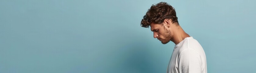 Obraz premium A pensive young man looking down, standing against a blue background, conveying contemplation and reflection.