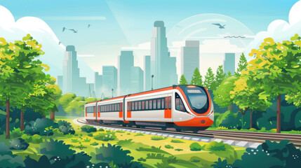 Obraz premium Illustrated scene of a modern train traveling through a lush, green landscape with a city skyline in the background.