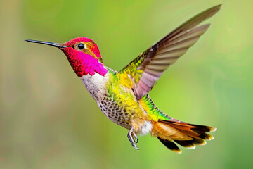 Fototapeta premium A colorful hummingbird with iridescent feathers, flying gracefully in the air, in a close-up shot