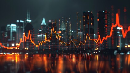 A stock market graph with orange and black lines reflecting the movement of creatures on digital screens in front of city buildings at night, emphasizing dynamic motion above virtual charts and graphs