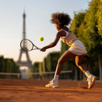 Young female tennis player swinging on clay court, Eiffel Tower backdrop. The blend of sport and iconic Parisian culture in a tennis scene by the Eiffel Tower.