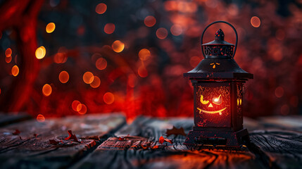 A scary Halloween lantern with evil eyes and a face on a rustic wooden table, set against a spooky dark red background with faint light bokeh.