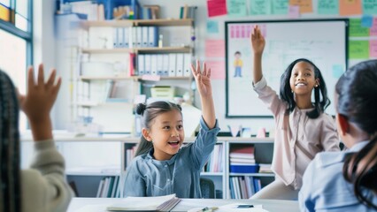 Obraz premium Diverse Classroom with Students Raising Hands