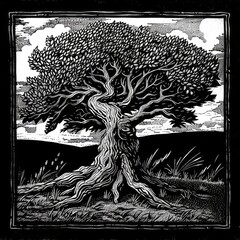 Fototapeta premium the beautifull half of tree illustration, old style illustration, linocut