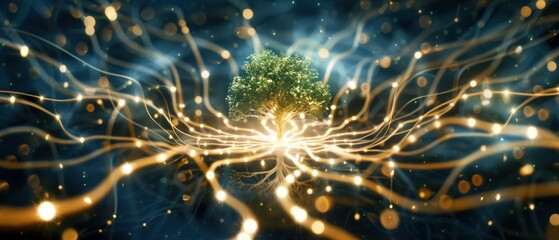Fototapeta premium Digital art featuring a thriving tree surrounded by a luminous shield of energy, embodying the power of growth and conservation
