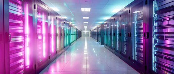 Fototapeta premium Colorful data center with glowing server racks, emphasizing modern infrastructure and the latest in technological advancements