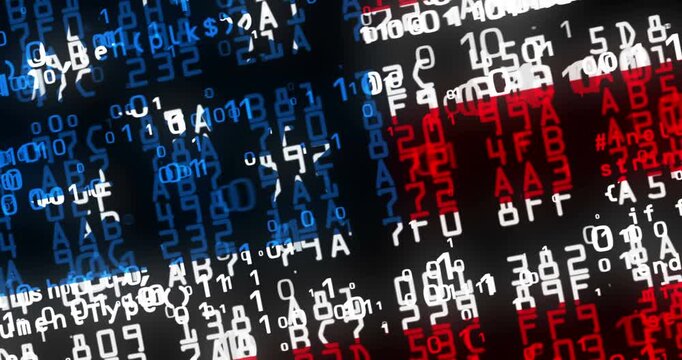 USA USA flag 3d code. USA United Statest of America banner cyber security attack and hack concept animation.