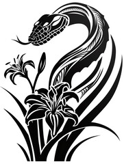 Obraz premium A snake is curled around a lily flower. The snake is black and white