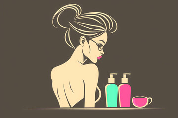 A woman with glasses and a backless dress is sitting in front of a table with two bottles and a cup