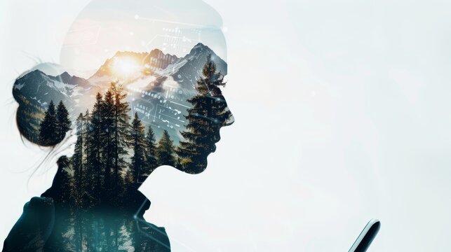 Double exposure of a programmer coding, layered with a digital interface and an abstract nature landscape of mountains and forests, giving a postcard effect