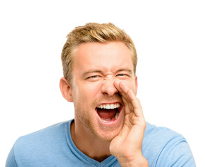 Man, screaming and portrait with announcement in studio for information, alert and shouting. Happy, male person and gesture with yell on white background for attention, communication and notification