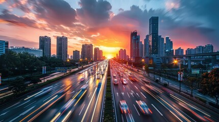 Fototapeta premium Vibrant Urban Sunset with Busy Highway and Modern Skyscrapers in a Dynamic Cityscape