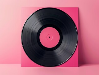 Vintage vinyl record with a pink sleeve on a matching pink background. Retro music concept with a vibrant aesthetic.