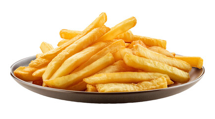 Crispy French fries on a plate on a transparent background.