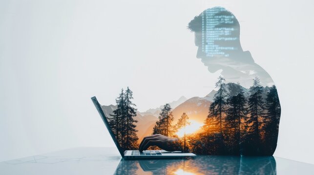 Double exposure of a programmer coding, layered with a digital interface and an abstract nature landscape of mountains and forests, giving a postcard effect