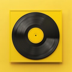 Vinyl record on square yellow background. Minimalistic, colorful music-related photo perfect for design projects and retro-themed concepts.