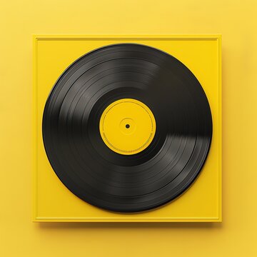 Vinyl record on square yellow background. Minimalistic, colorful music-related photo perfect for design projects and retro-themed concepts.