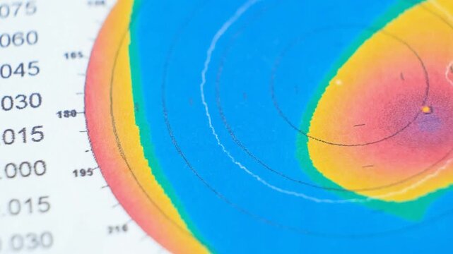Results of the examination of the thickness and curvature of the cornea in a patient with keratoconus.
