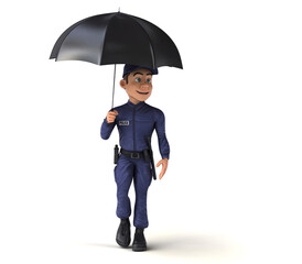 Fun 3D cartoon police man walking with an umbrella