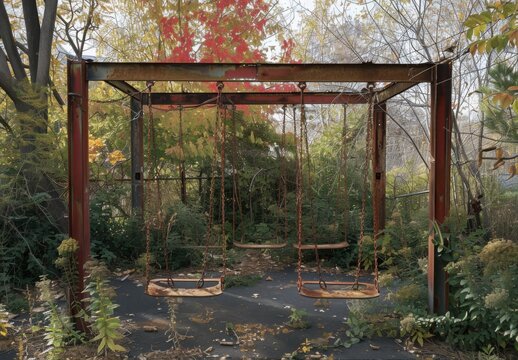 An abandoned playground with rusty, broken swings and overgrown weeds taking over the play area