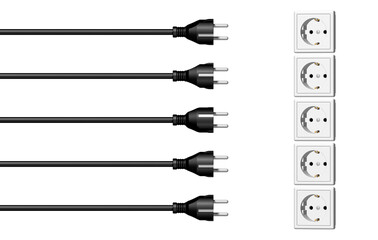 schwarze Stromkabel mit Steckern und wei&szlig;e Steckdosen